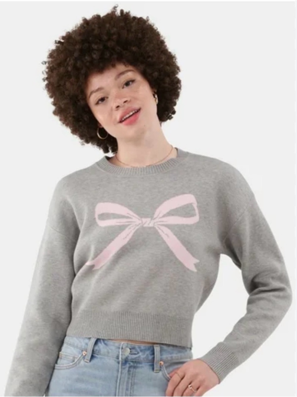 No Boundaries Gray Crewneck Sweater with Pink Bow